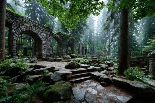 Mystical Forest Ruins in Foggy Atmosphere