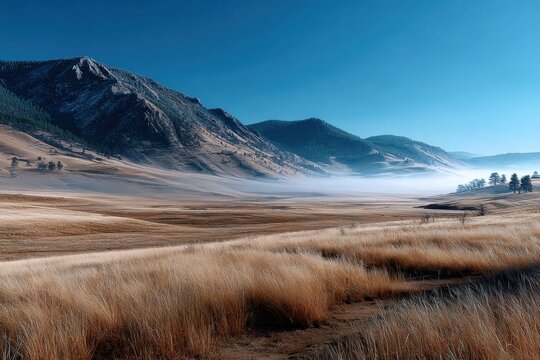 Misty Valley with Golden Grass and Distant Mountains