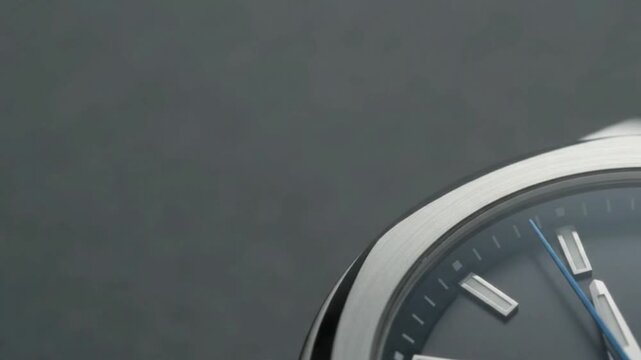 Close-up of static luxury mechanical watch dial with sweeping blue second hand, dark minimalist copy space for finance and precision time management.