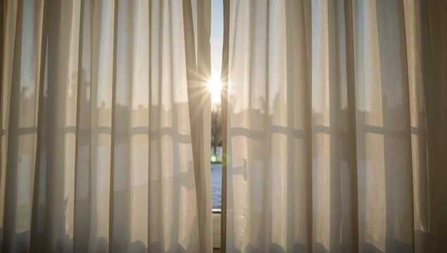 A window with sun shining through the curtains, great for interior or exterior scenes