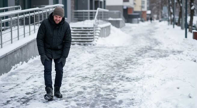 Man limping with knee pain on a snowy sidewalk. Injury care and personal safety