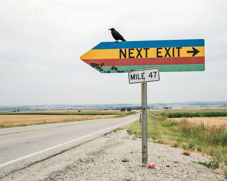 A black crow perched on a colorful multi-striped road sign pointing to the next exit at mile 47 along a rural highway, overcast sky in the background, isolated on a, transparent background