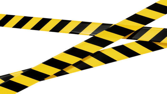 Yellow and black striped caution tape crossing, isolated on transparent background