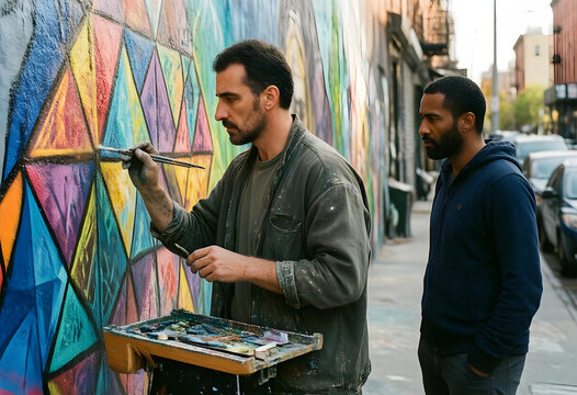 Urban art and creative collaboration, street artist painting a colorful mural on a city wall with an observer watching the creative process outdoors