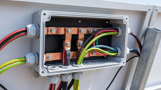 Open electrical distribution junction box with copper busbars and connected power cables. Industrial wiring and electrical infrastructure. Power distribution, installation and maintenance