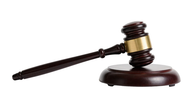 Dark polished wood gavel with brass band, isolated on transparent background