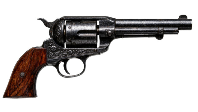 Antique engraved metal revolver with wooden grip, isolated on transparent background