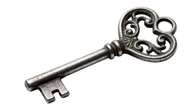 Antique ornate metal key with decorative bow, isolated on transparent background