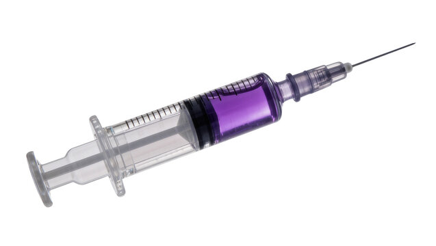Medical syringe filled with purple liquid, isolated on transparent background