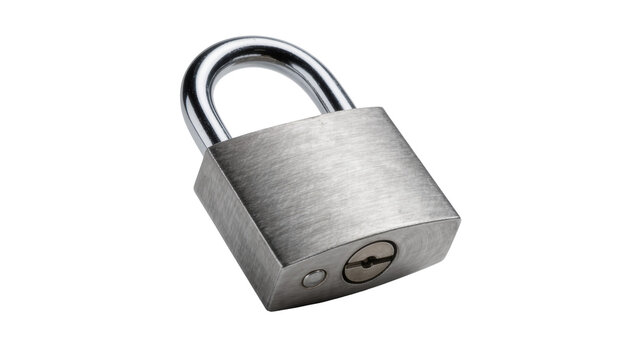 Brushed metal padlock with shiny shackle, isolated on transparent background