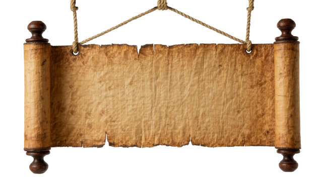 Old parchment scroll with wooden ends hanging by rope, isolated on transparent background