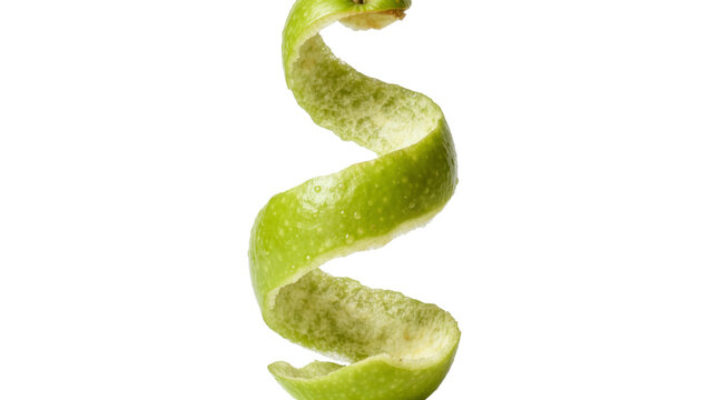 Green apple peel spiral with water droplets, isolated on transparent background