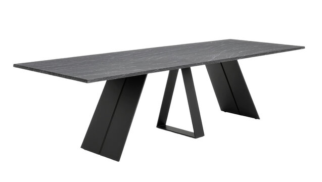 Modern dark grey stone dining table with angular black metal legs, isolated on transparent background