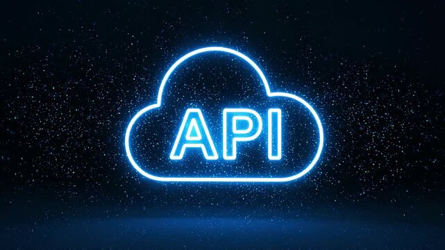 Blue neon cloud API icon forming with particles during animation for technology concept