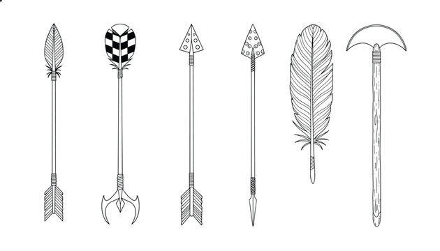 Assorted collection of tribal style arrows and natural feathers presented in a clean vertical alignment.