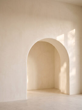 Minimalist Beige Architectural Arch and Sculpted Plaster Alcove with Warm Sunlight and Soft Shadows, Elegant Neutral Interior Design and Contemporary Architecture Photography