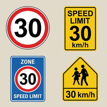 Speed Limit 30 Signs Round Prohibitory Rectangular Warning Zone and School Crossing Icons