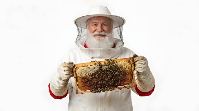 A smiling senior beekeeper wearing protective gear holds a wooden honeycomb frame with bees isolated with white protective beekeeping filled honeycomb clusters