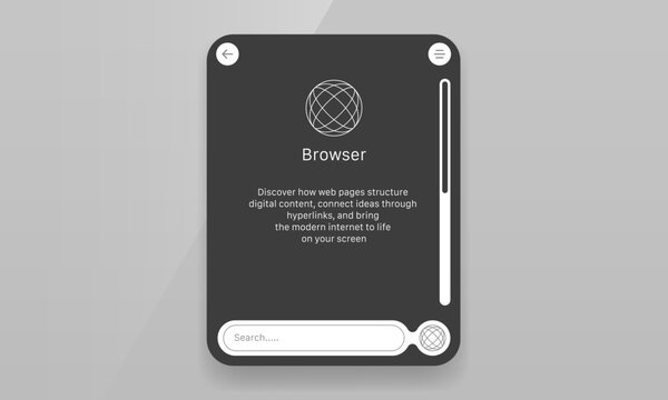 Dark mode web browser app UI mockup with search bar and scrollbar