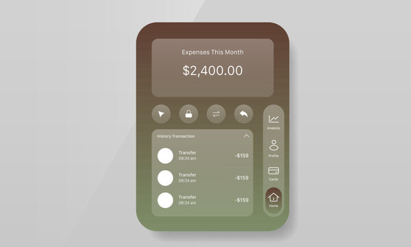 Financial expense tracker mobile app UI mockup with transaction history