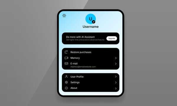 Mobile app user profile settings screen UI mockup with AI upgrade banner