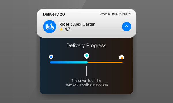 Order delivery tracking status UI mockup with rider profile and progress timeline