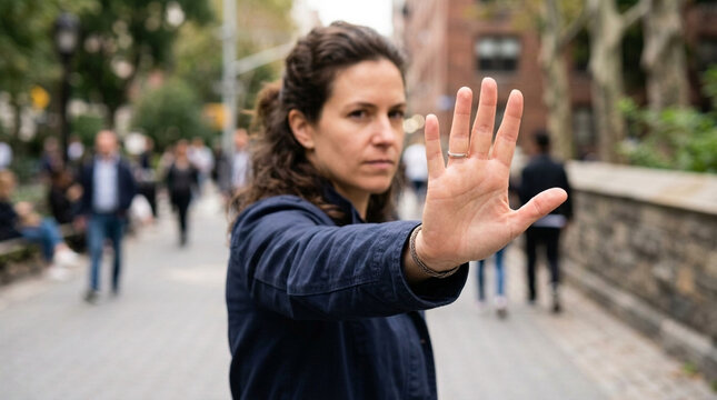 Serious Woman Holds Up Hand in Stop Gesture Outdoors Assertive Body Language