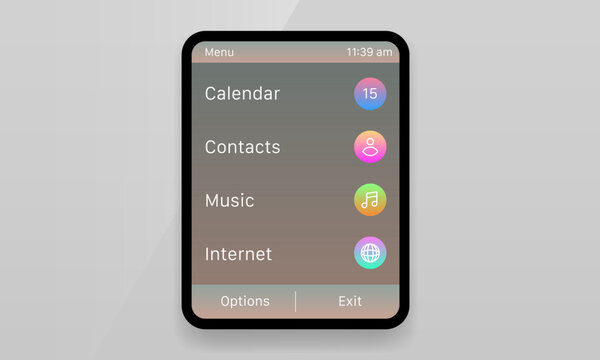 Smart feature phone menu list UI mockup with app icons and softkeys
