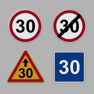 Set of Speed Limit Road Signs 30 km h Warning Prohibitory End and Informative