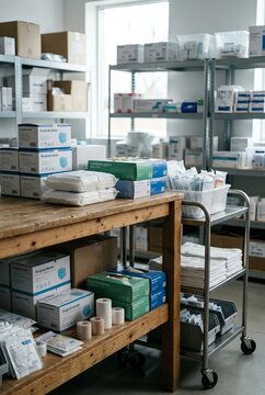 Medical Supply Room Organization with Shelving and Cart.