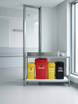 Medical Waste Bins Labeled for Different Disposal Types.