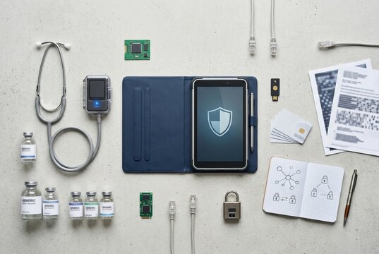 Medical Technology and Security Devices Arranged on a Table.