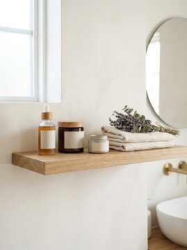 Minimalist Bathroom Shelf with Skincare and Towels.