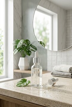 Modern Bathroom Vanity with Monstera Plant and Skincare Products.
