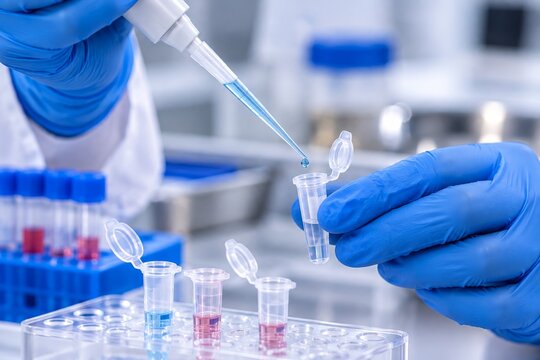 Gloved laboratory worker transfers liquid with pipette into sample tube. Medical laboratory testing and diagnostic research. Clinical science, specimen analysis and healthcare technology.