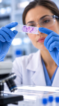 Doctor examining stained specimen slide in laboratory. Medical research and laboratory testing. Microscopic analysis for healthcare diagnosis. Clinical science and pathology research.