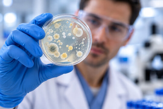 Doctor examining bacteria colonies in a petri dish at laboratory. Microbiology and diagnostic testing. Medical research, infection analysis and clinical science. Healthcare laboratory work.