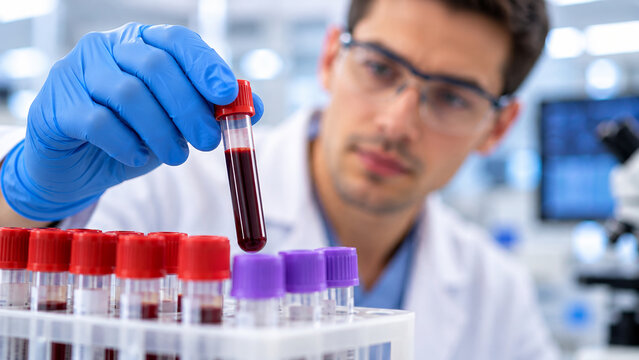 Doctor examines blood sample in clinical laboratory. Medical testing and diagnostic analysis. Healthcare research, pathology and disease screening. Clinical science and laboratory work.
