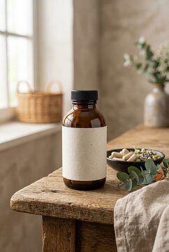Amber Glass Bottle with Blank Label and Capsules on Rustic Table.