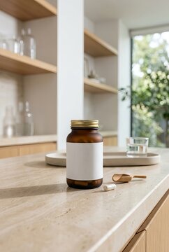 Amber Glass Bottle of Supplements on a Kitchen Countertop.