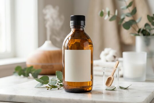 Amber Glass Bottle with Blank Label and Essential Oil Diffuser.