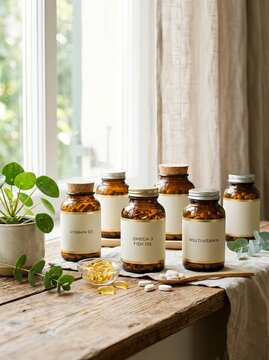 Amber glass bottles of supplements on a wooden table by the window.