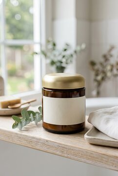 Amber Glass Jar with Blank Label and Gold Lid on a Shelf.