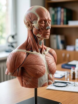 Anatomical Model of Human Musculature Bust Displayed in a Study.