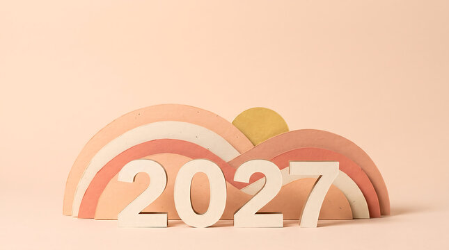 New year 2027 concept with wooden rainbow and pastel background