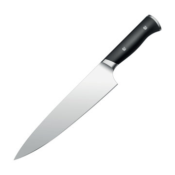 Chef Knife with Stainless Steel Blade and Black Handle. 3d Vector Chef Knife for Cutting, Chopping and Slicing Food. Chef Knife Vector Illustration for Kitchen, Cooking and Food Preparation