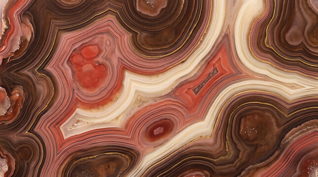 Intricate layers of banded agate stone with warm red and cream tones