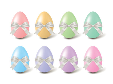 Easter Egg Set with Pastel Eggs. 3d Vector Bows and Ribbons. Easter Eggs for Spring, Easter Baskets and Holiday Decoration. Easter Egg Vector Illustration, Colored Eggs