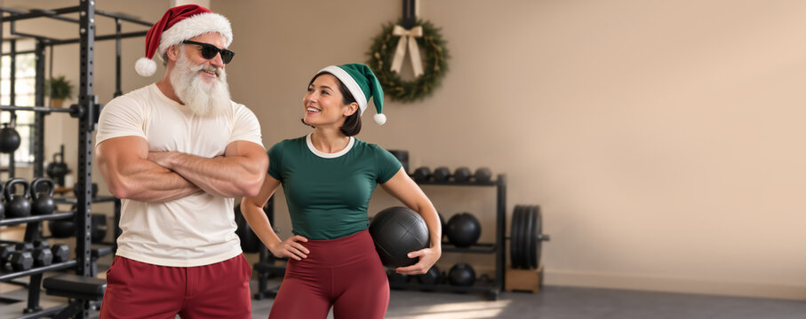 Fit Santa with sunglasses and female elf holding medicine ball in gym. Banner with copy space for Christmas fitness promotion