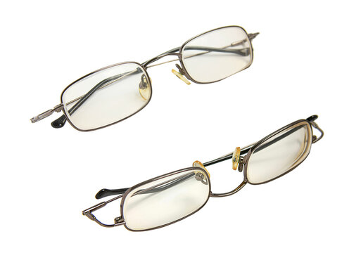 Collage of classic reading eyeglasses with metallic frame and clear lenses from different angles isolated white background